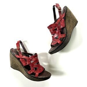 Born Genesis Red Leather Strappy Platform Wedge Sandals